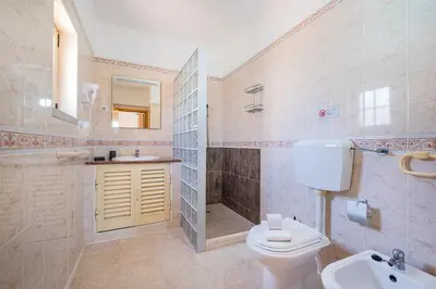 a bathroom with a toilet and a shower and a sink at Villa Duarte in Albufeira