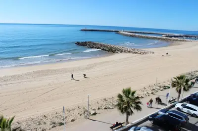 a view of a beach with palm trees and the ocean at Quarteira Mar - Beach Front in Quarteira