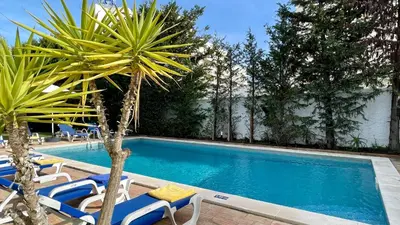 a swimming pool with lounge chairs and a palm tree at Golfinho by Check-in Portugal in Albufeira
