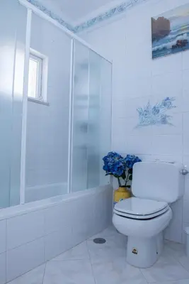 a white bathroom with a toilet and a shower at Villa Malu in Albufeira