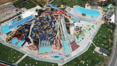 an aerial view of a water park with a roller coaster at Marina Vilamoura - Aquamar 201 - By Vilamoura Sun in Quarteira